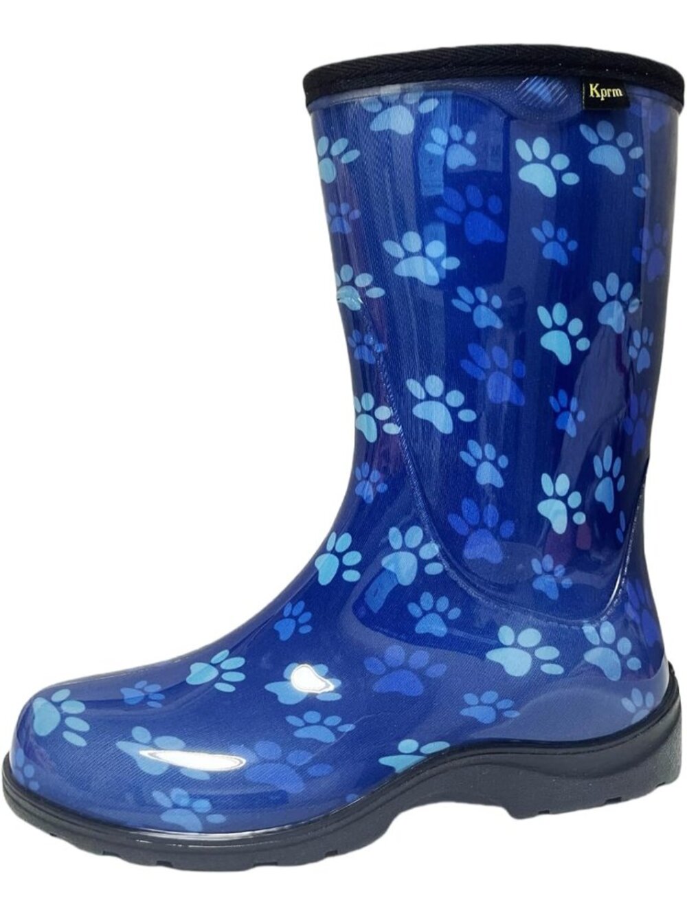 Women's Paw Print Blue Rain Boot Waterproof Mid Calf Rubber Outdoor Garden Shoes